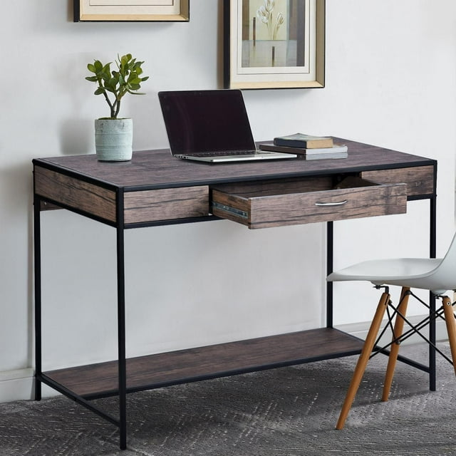 Homylin Home Office Computer Desk with Drawer, Retro Style 43" Wooden Writing Desk, Laptop Study Table Workstation, Stable Metal Frame, Rustic Dark Brown