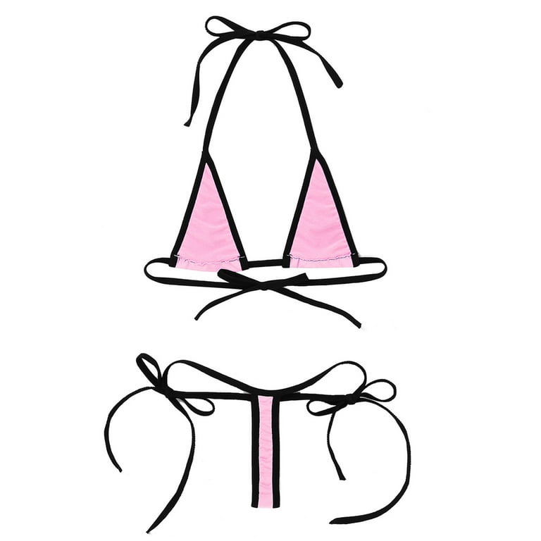 Iefiel Womens Micro Bikini Swimsuit Set Halter Neck Bra Top with G-String Briefs Pink One size, Women's, Black