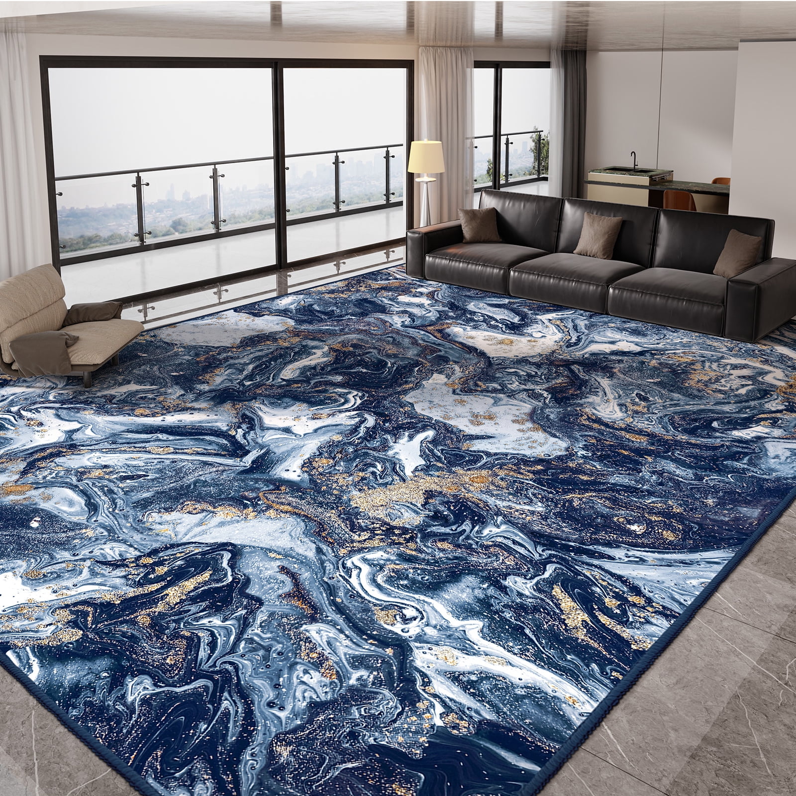 Cozylore 9'x12' Area Rugs for Living Room Artistic Style Modern Rug Soft Low Pile Non Slip Carpet Machine Washable Indoor Rug for Bedroom Dining Room Office, Dark Blue