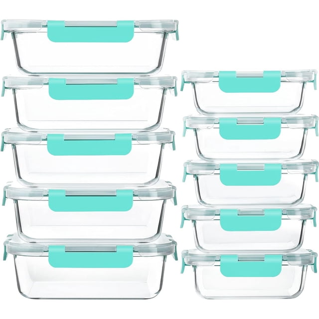 Paquete de 10 recipientes de vidrio para preparación de comidas con tapas, recipientes de vidrio para almacenamiento de alimentos con tapas de bloqueo a presión, recipientes herméticos para almuerzo