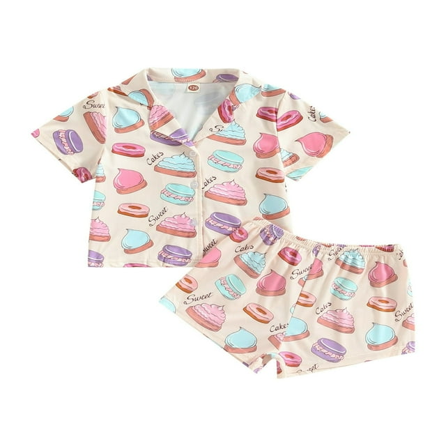 AMERTEER Kids Girl Pajamas Short Sleeve Lapel Neck Buttons Doughnut Buttons Tops Loose Short Pants 2Pcs Set