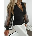 thumbnail image 2 of Womens Tops Deep V Neck Slim Fit Puff Long Sleeve Blouse Polyester And Spandex Elastic Waist Ruched Wrap Soft Breathable Versatile Occasions L Sweaters For Women, 2 of 4
