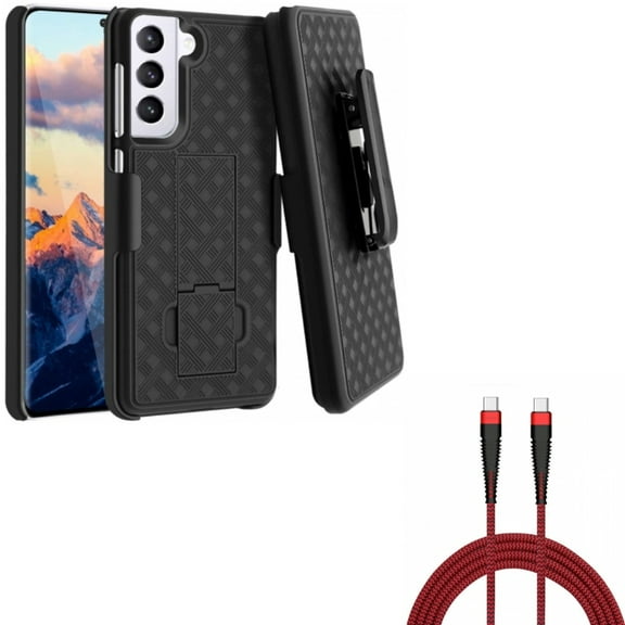 10ft PD Cable w Case Belt Clip for Samsung Galaxy S21 - Type-C to USB-C Charger Cord Power, Holster Swivel Cover
