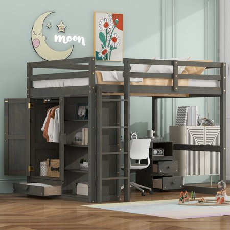 JFC Full Size Wood Loft Bed High Study Loft Bed w/Desk,Cabinet and Bookshelves for Home Dorm Multi-functional Storage Loft Bed Frame with Wardrobe