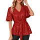 thumbnail image 4 of Tejiojio Women's Sequin Top V-Neck Flared Sleeve Front Tie Sparkly Party Blouse, 4 of 7