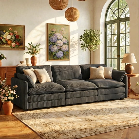 Cloud Sofa, 110" Couches for Living Room, 3 Seaters Comfy Couch with Double Layer Cushion & Deep Seat for House Apartment Office, Corduroy Fabric, Gray