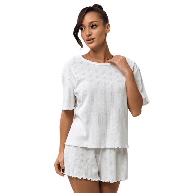 Conjunto de Pijama Informal Holgado con Ribete de Encaje para Mujer, 2 Piezas, Camiseta de Corta con Cuello Redondo y Pantalones Cortos, Color Cremoso L