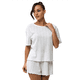 thumbnail image 1 of Conjunto de Pijama Informal Holgado con Ribete de Encaje para Mujer, 2 Piezas, Camiseta de Corta con Cuello Redondo y Pantalones Cortos, Color Cremoso L, 1 of 10