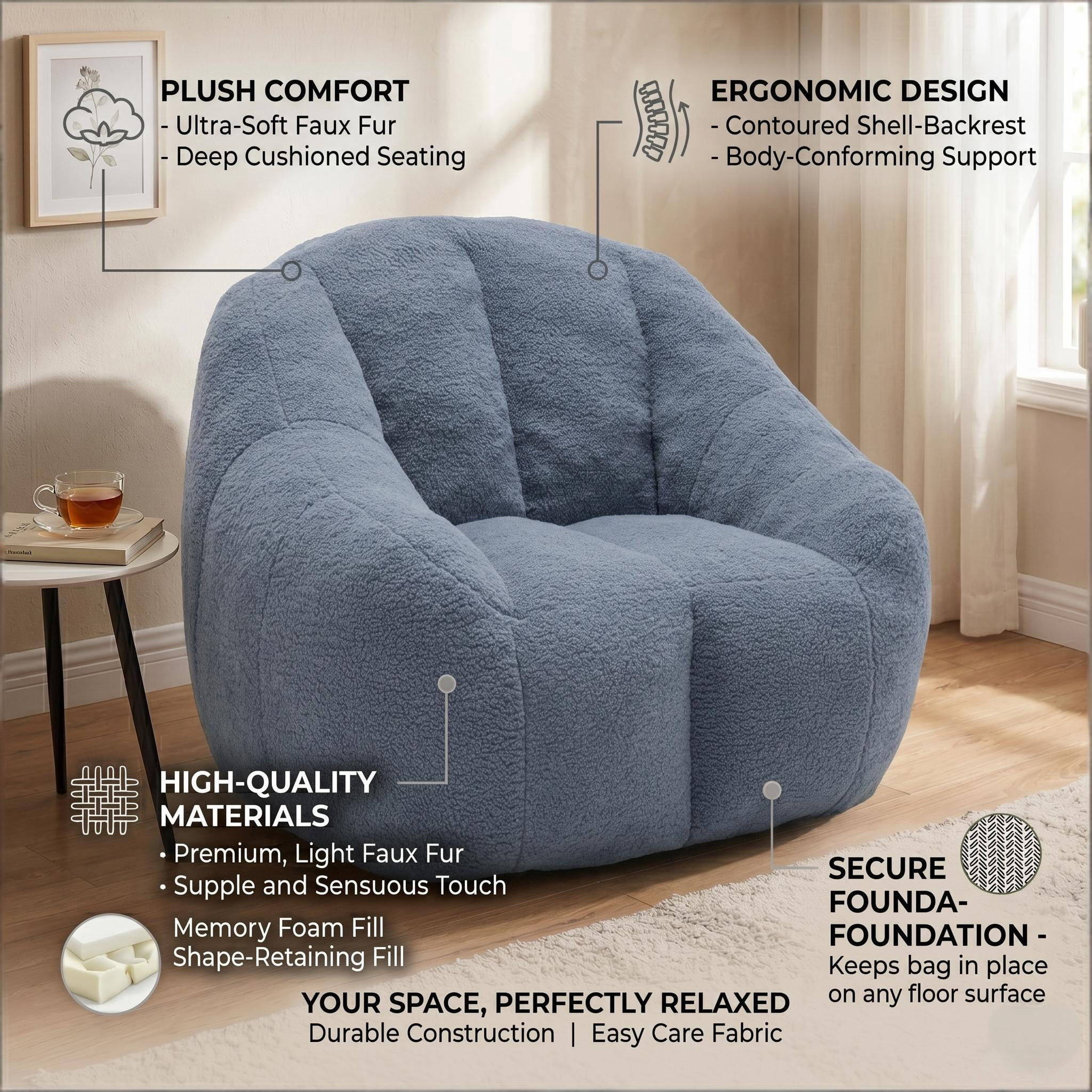 Howcool Bean Bag Chair with Filler, Memory Foam Tufted Fluffy Lazy Sofa for Living Room Dorm Apartment