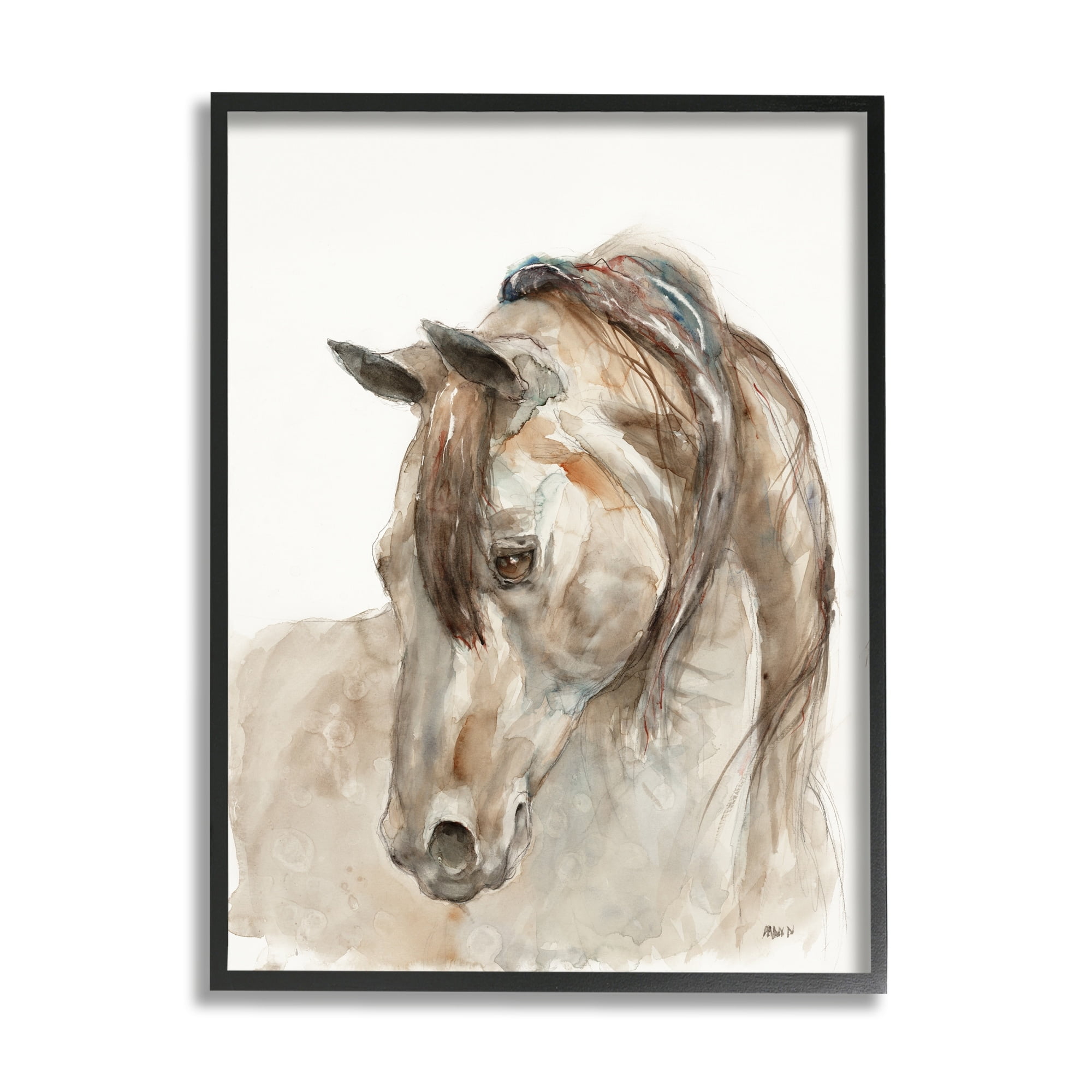 Stupell Industries Gentle Horse Portrait Farm Animal Watercolor Detail Painting Black Framed Art Print Wall Art, Design by Patti Mann