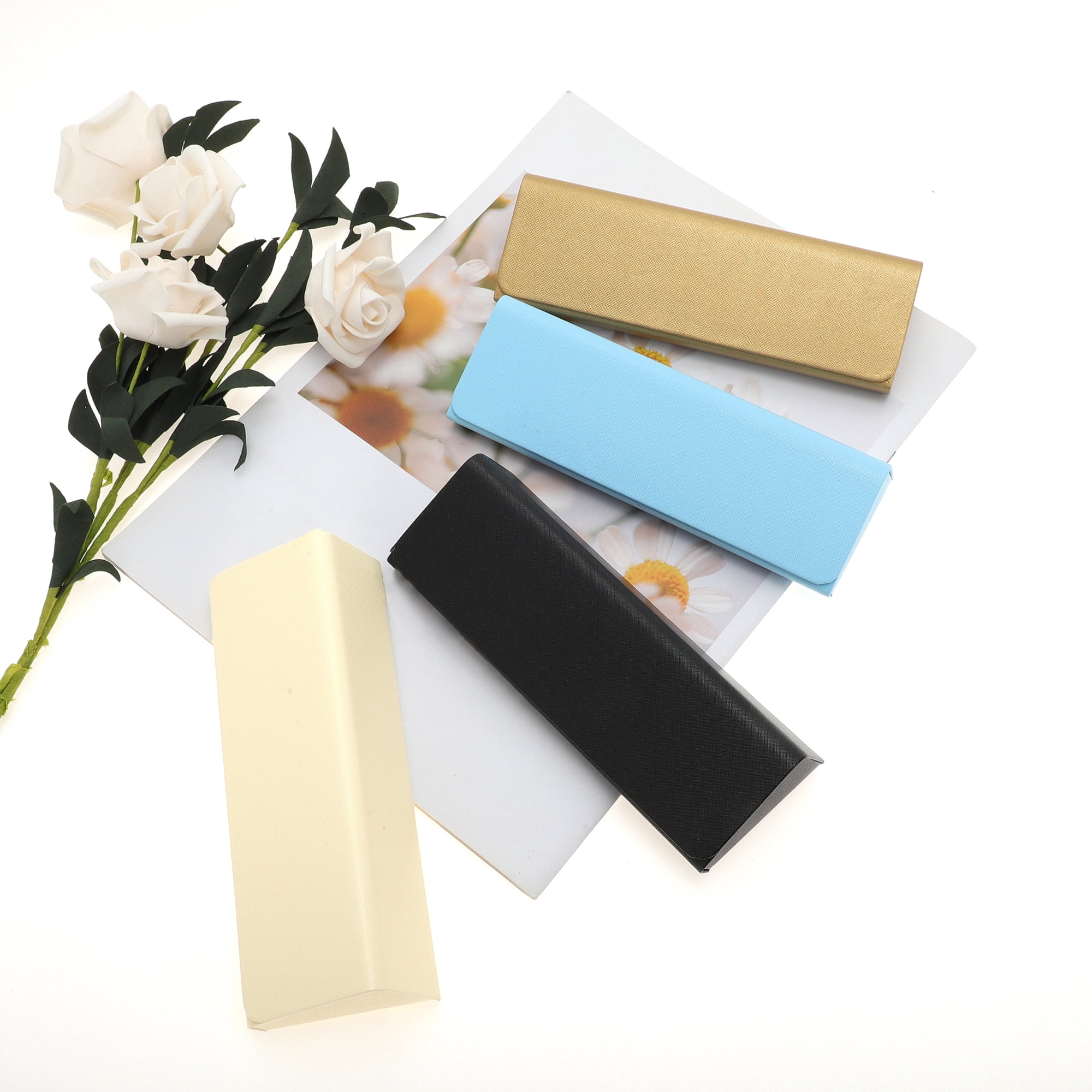 Unique Bargains Triangle Foldable Eyeglasses Case 6.38"x2.4"x1.26"(L*W*H) Gold Tone