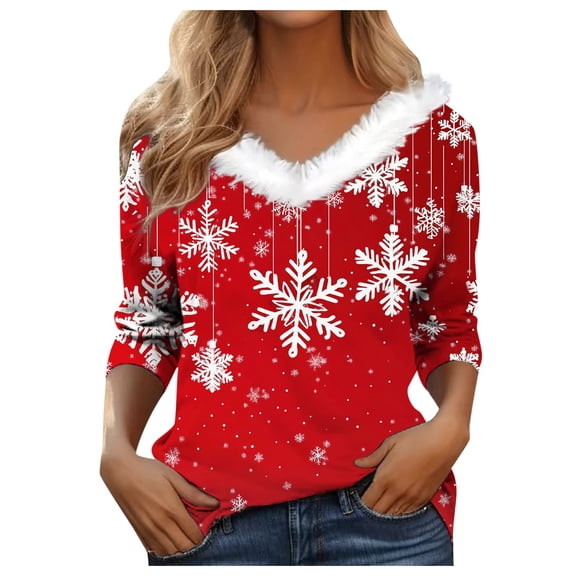 Christmas Floral V Neck Long Sleeve T Shirt With Collar Elegant Plus Size Tops For Women Comfortable Holiday Blouse
