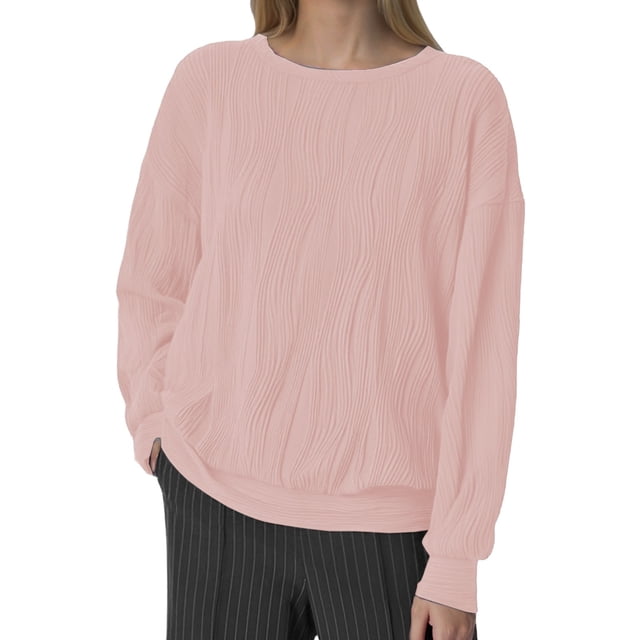Women's Long Sleeve Ribbed Knit Pullover - Solid Color Polyester Sweatshirt, Casual Hoodless Top for All Seasons