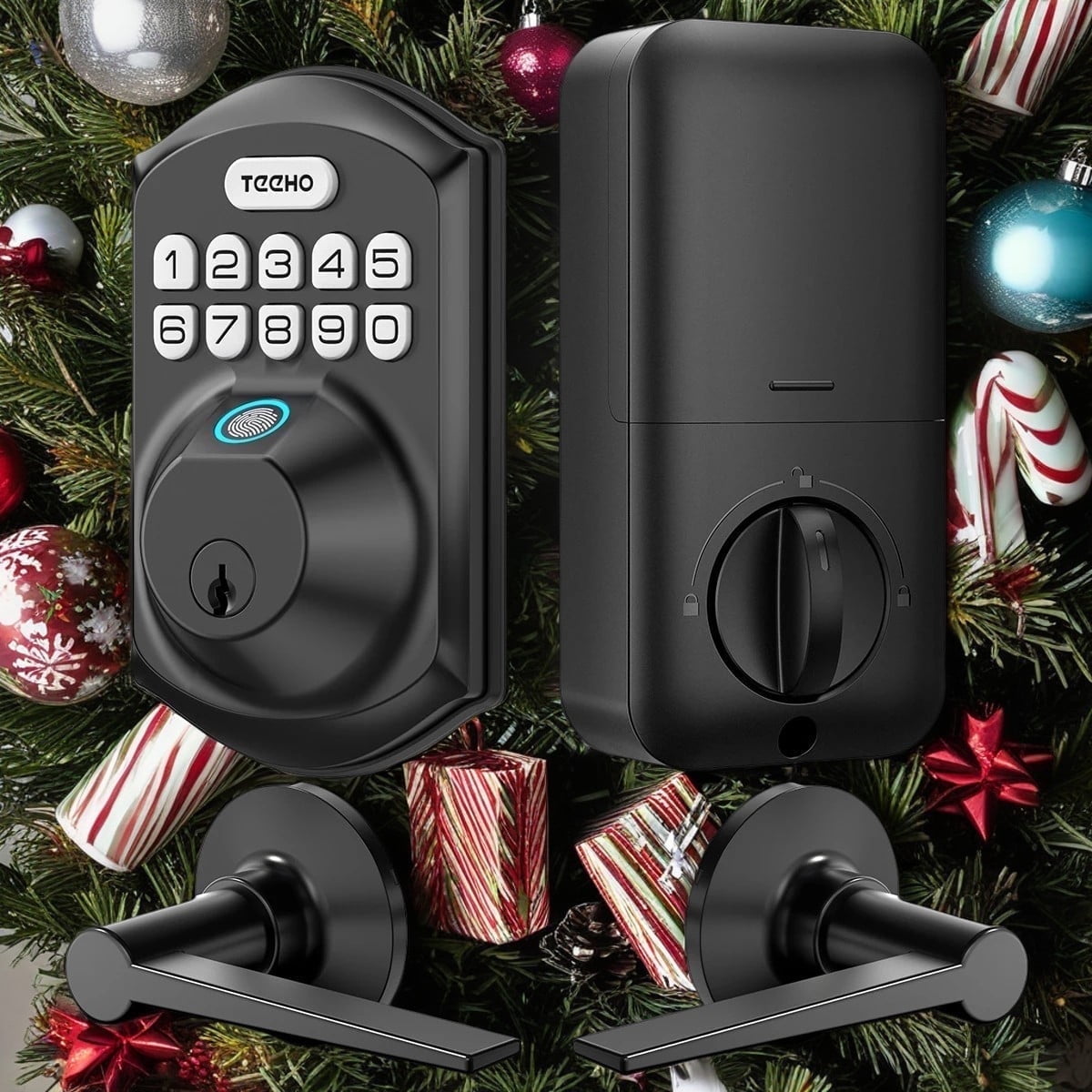 TEEHO Fingerprint Keyless Entry Door Lock with 2 Handles, Security Keypad Deadbolt Lock, Electronic Smart Door Locks, Auto Lock, Easy Installation- Matte Black
