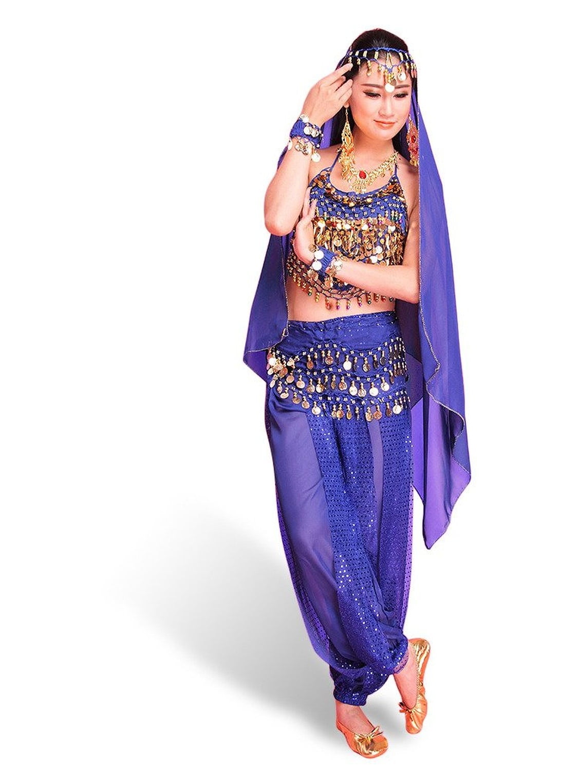 New Bollywood Belly Dance Costume Set Top Pants Belt Veil Womens Clothes Set 