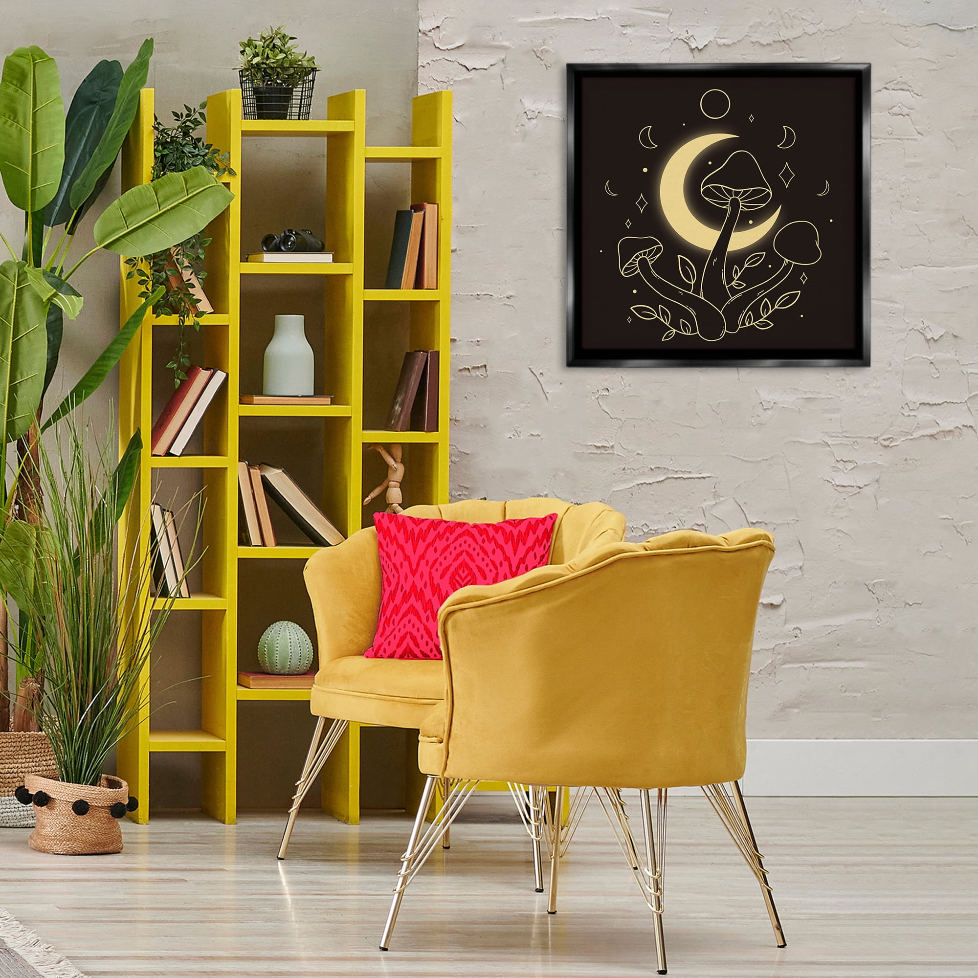 Stupell Industries Dancing Mushrooms & Moon Plants & Flowers Painting Black Floater Framed Canvas Art Print Wall Art, 25 x 25