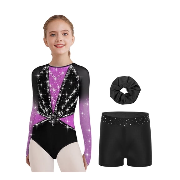 SiiRoh Kids Girls Long Sleeve Gymnastics Leotard with Shorts Sparkly Rhinestones Figure Skating Bodysuit Dancewear Purple 6