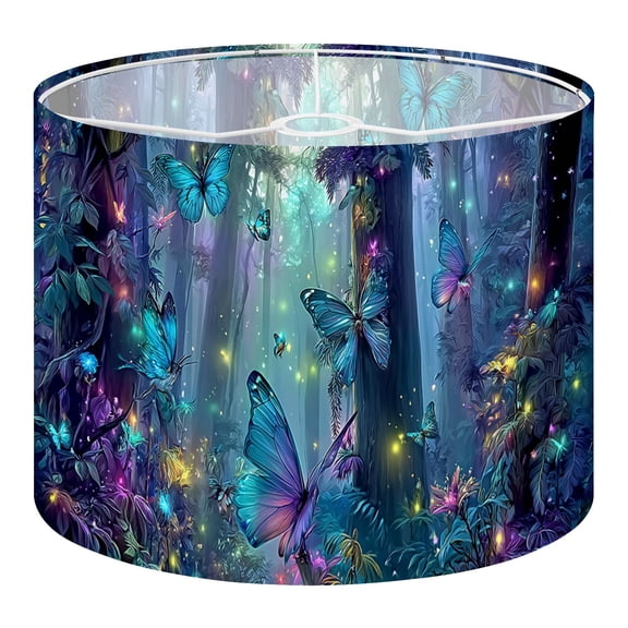 Linen Drum Lampshades Magical Forest Glowing Butterflies Glow Blue Butterfly 13"x13"x10" Light Shade for Table Lamps Floor Lamps Drum Lamp Shades Lampshade Replacement Assembly Required