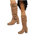 thumbnail image 5 of Viluyesy Womens Mid Calf Boots, Chunky Heels Round Toe Buckle Side Zip-Up Fall Winter Suede Leather Knee High Boots Brown, 5 of 6