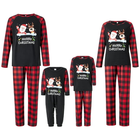 

SUNSIOM Matching Family Pajamas Sets Christmas PJ s with Letter and Plaid Printed Long Sleeve Tee and Bottom Loungewear