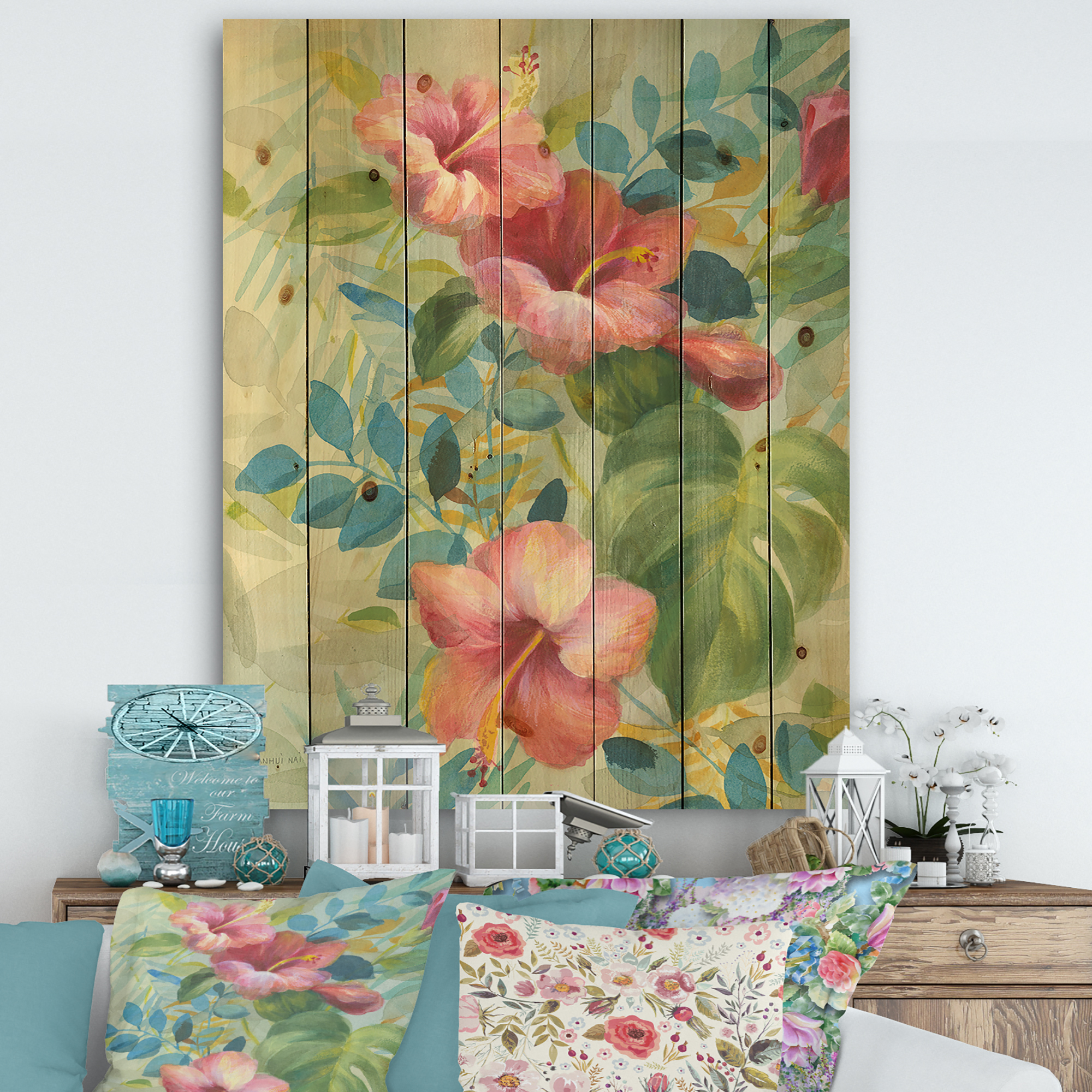 Designart 'Hibiscus Floral Garden II' Traditional Print on Natural Pine Wood