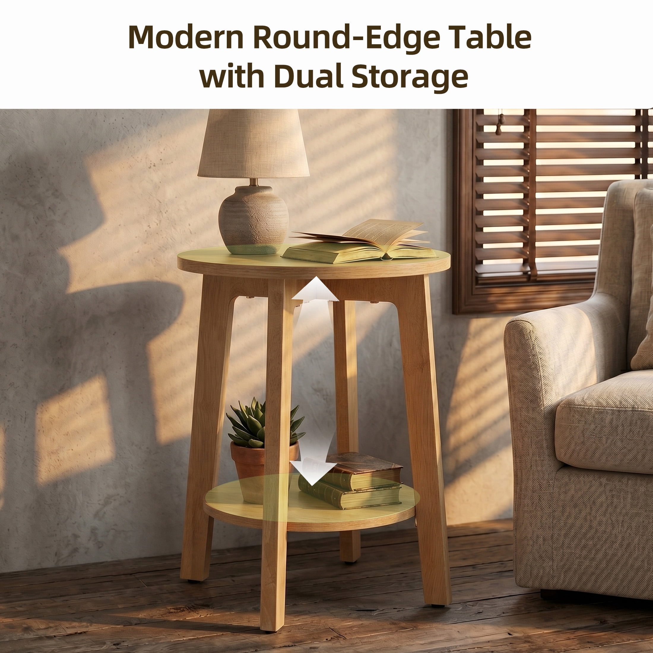 EDX Small Round End Table Set of 2, Modern Nightstand with Tapered Legs, 2-Tier Storage Side Table, Easy Assembly, Space-Saving Accent Table for Living Room Bedroom, Natural Wood