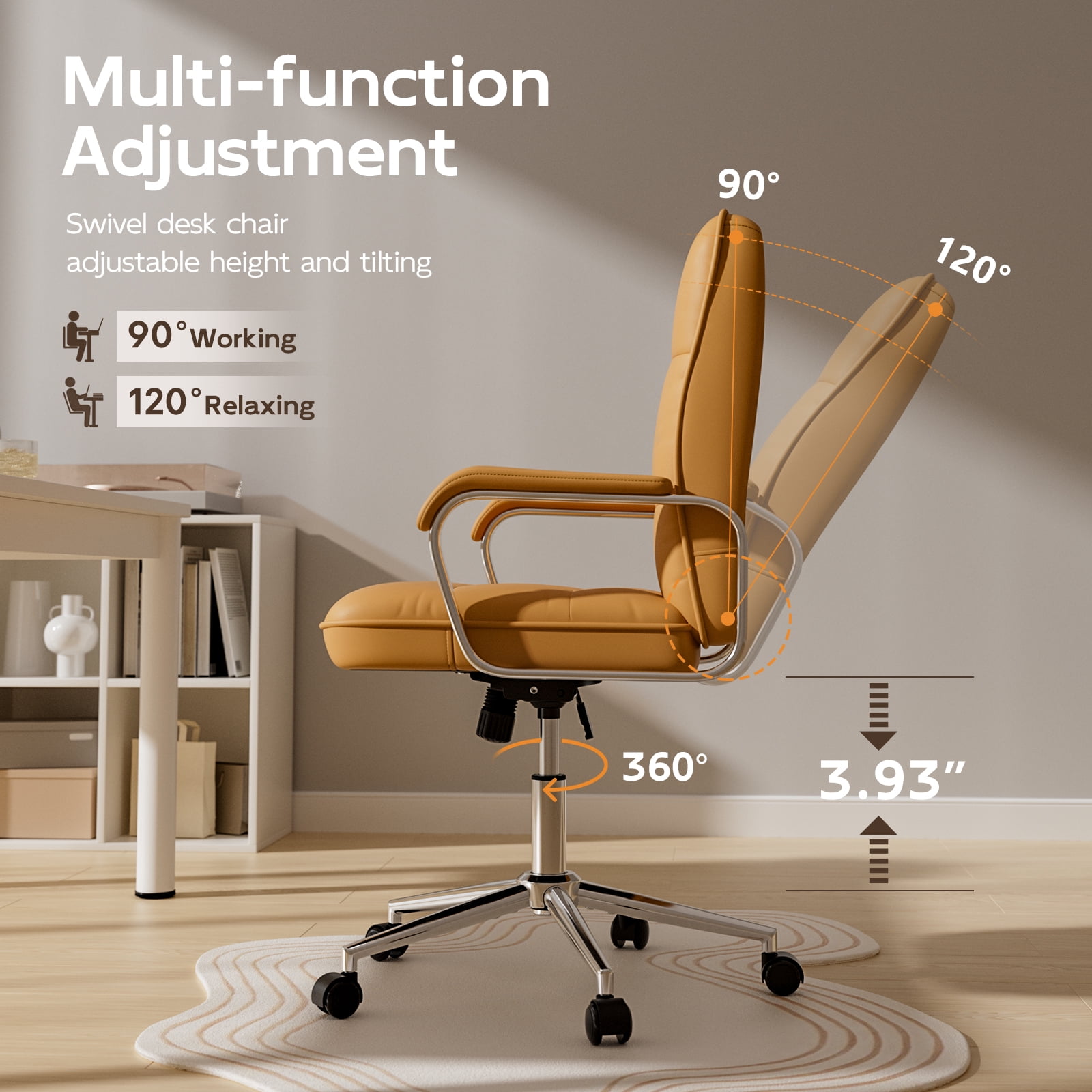 Ninecer Ergonomic Office Chair with Wheels, 360° Swivel Desk Chair with Rocking Function, PU Leather Computer Chair for Home Office, Study, Brown