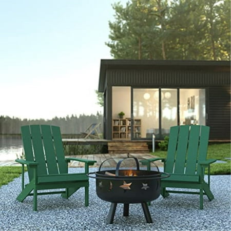Flash Furniture Charlestown 3 Pcs Iron Wood Burning Fire Pit Set With Adirondack Chairs Green