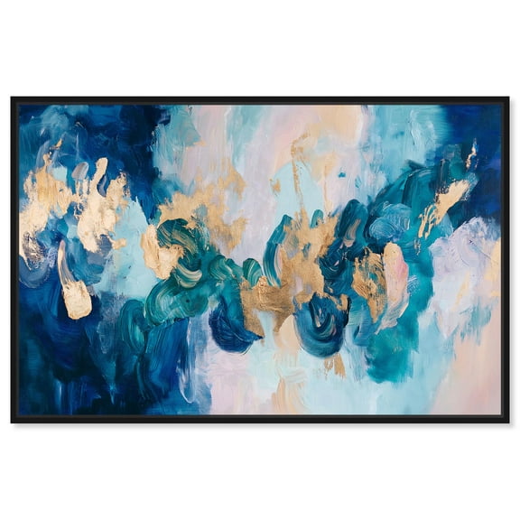 Golden and Aqua Land Canvas Blue Abstract Art by Art Remedy, Black Frame, 15" x 10"