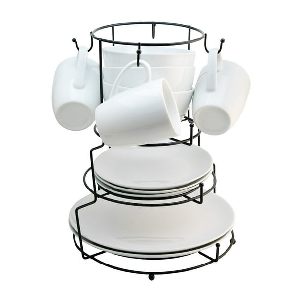 Vajilla Blanca de Porcelana 16 Piezas con Organizador de Metal, Incluye: Platos, Tazones y Tazas, Vajilla Familiar Moderna y Elegante con Caja de Regalo