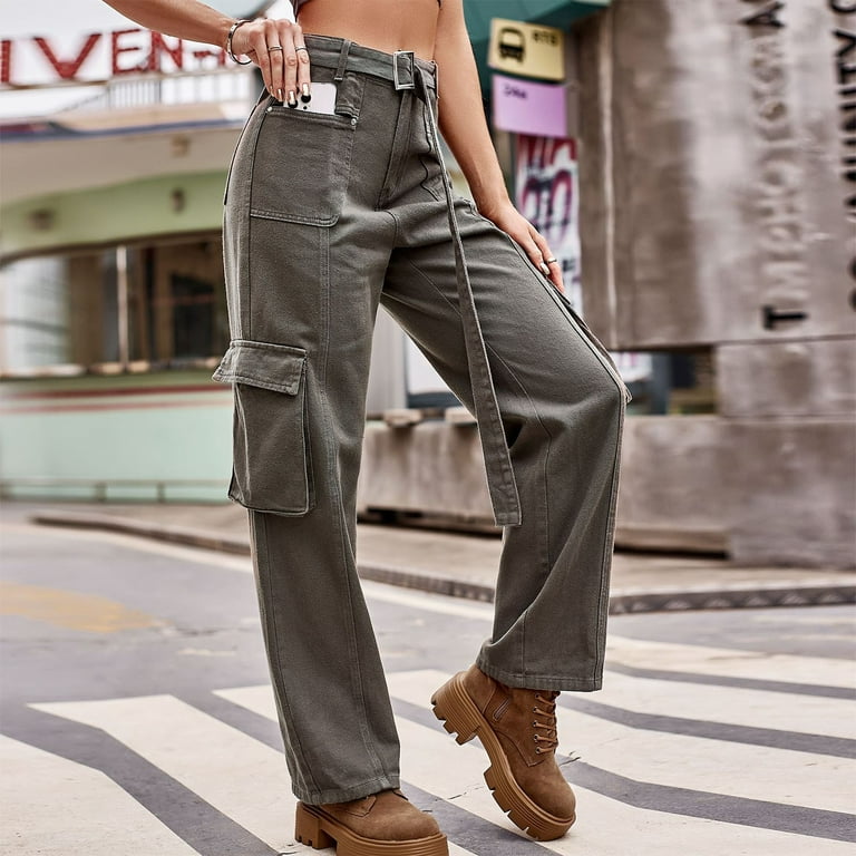 Womens Fashion Multi-pocket Solid Color Casual Straight Leg Pants