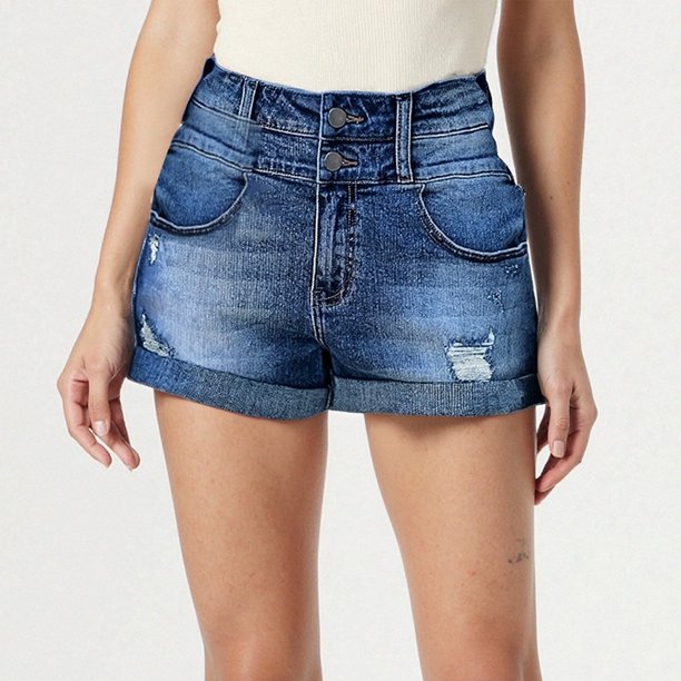 WILLBEST Jeans Mujer Pantalones Cortos Vaqueros Desgastados de Cintura Alta para Mujer, Informales, de Verano, Con Dobladillo Doblado y Doble Botón, Elásticos y Cómodos. Extra Grande