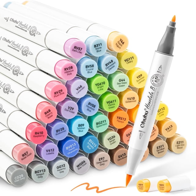 Ohuhu Alcohol Brush Markers 48 Mid-tone Colors- Double Tipped Alcohol Based Art Marker Set for Artists Adults Coloring Sketch Illustration- Brush & F