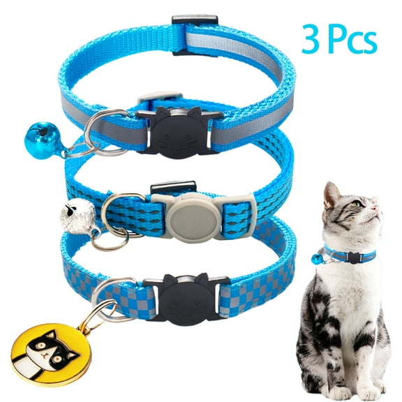 CHBORLESS 3 Pcs Reflective Breakaway Cat Collar with Bell Nylon Kitten Pups Collars,Sky Blue