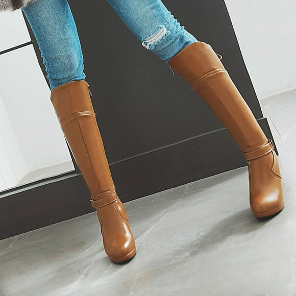 QTBIUQ Women's Winter Belt Buckle Side Zipper Warm Waterproof Platform Super High Heel Strap High Boots
