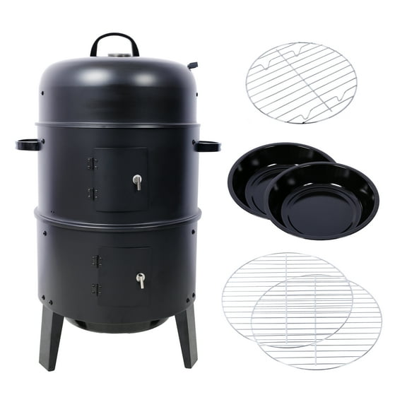 Charcoal Smoker Grill 16 Inch Wood Smoker, Portable BBQ Grill for Camping, Outdoor Cooking, Vertical Smoker with Thermometer, Black