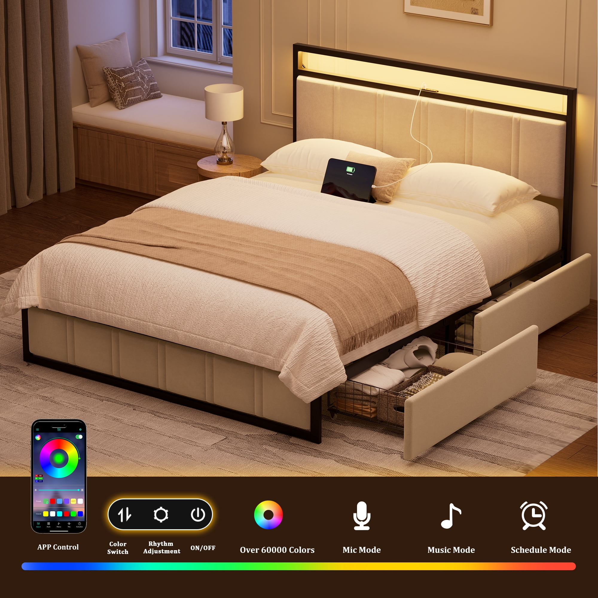GUNAITO Queen Bed Frame with Headboard, Platform Bed with 2 Drawers, Velvet Upholstered Bed Frame with LED Lights & Charging station，Beige