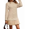 thumbnail image 1 of Robe Chandail en Tricot Torsadé pour Femmes, Col Ras du Cou, Manches Longues, Mini-Robe Plissée, Style Deux-en-un, Robe Patchwork, Brun Pâle, S, 1 of 8