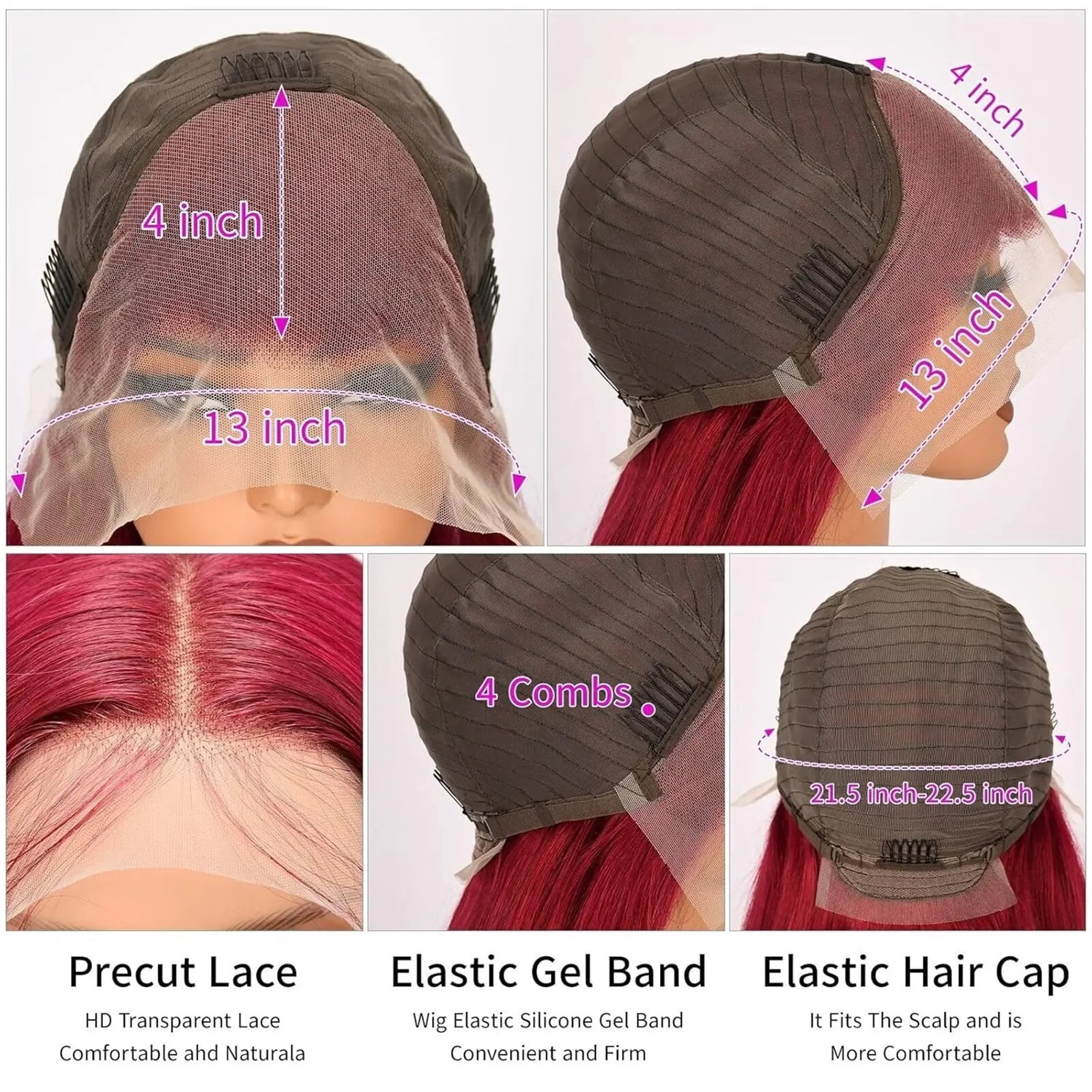 Burgundy 13x4 HD Transparent Lace Frontal Wigs Human Hair Pre Plucked Straight for Black Women