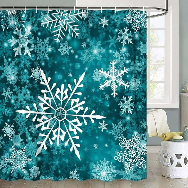 Ensemble de Rideaux de Douche Flocon de Neige de Noël, Rideaux de Douche de Noël pour Salle de Bain, Rideau de Douche Hiver Bleu Sarcelle Rideaux de Douche Décoratifs de Noël, 72x72 Po