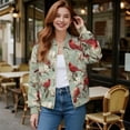thumbnail image 2 of Xoenoiee Women's Bomber Jacket Casual Lightweight Coat Cropped Zip Up Jacket Fall Varsity Jackets Winter Outwear with Pockets, Magnolia Cardinal Bird, XX-Large, 2 of 7