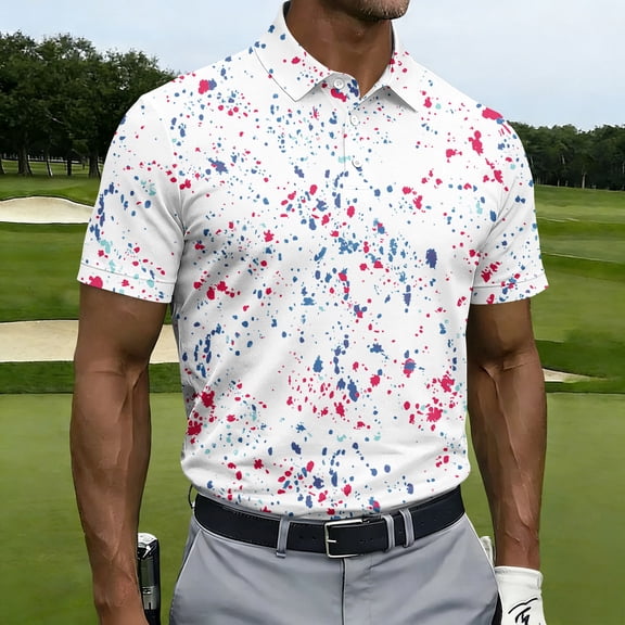 CCRFTGI Mens Golf Polo Shirts Relaxed Fit Short Sleeve Soft Casual Print Collared Golf Shirts White XL