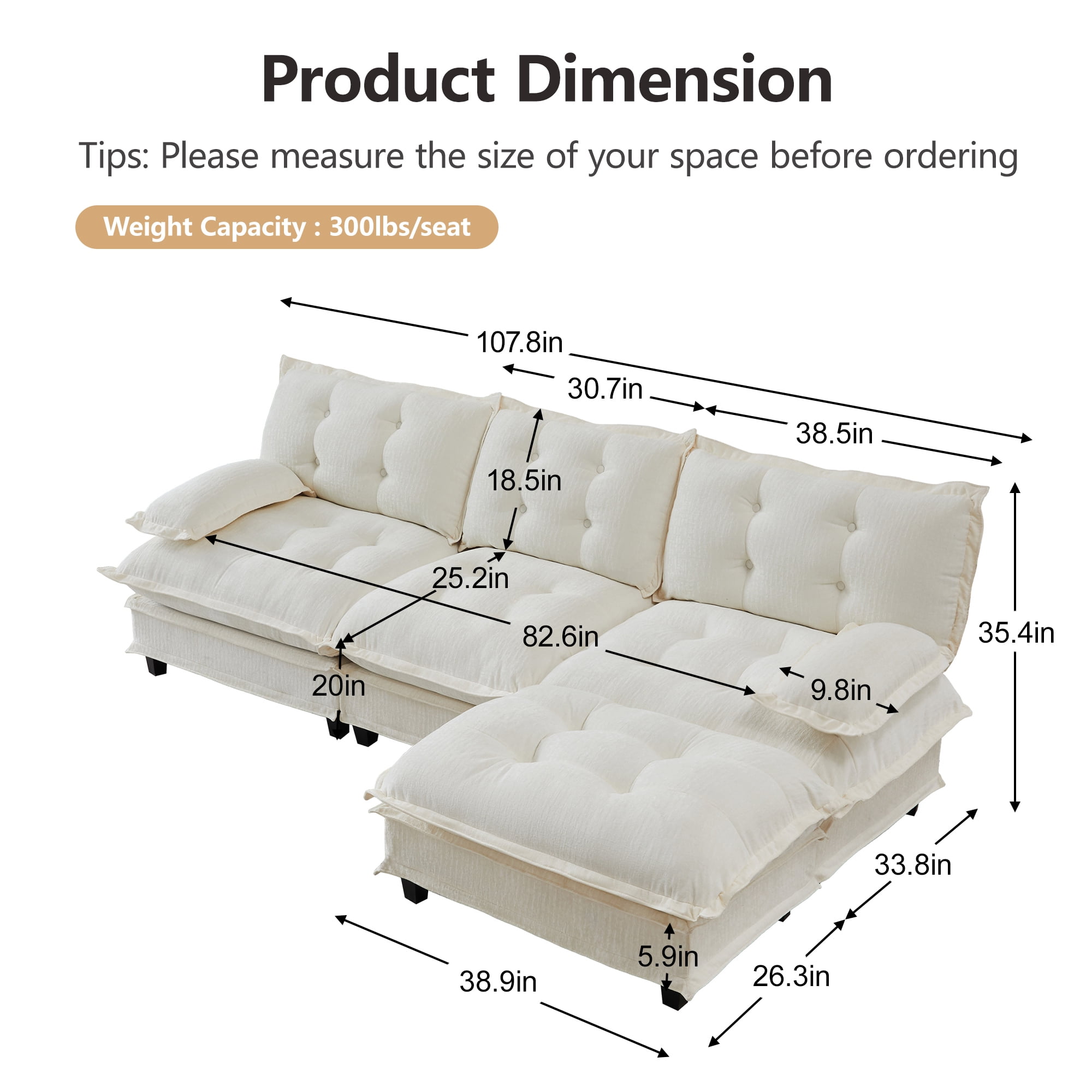Alvantor L-Shaped Sectional Sofa 3-Seater Cloud Couch for Living Room, Easy Assembly Beige