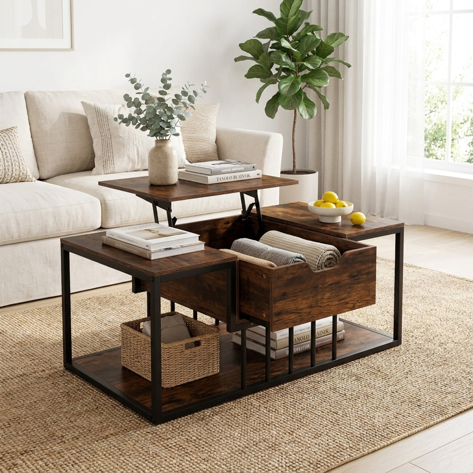 Furnibear Modern Lift Top Coffee Table with Hidden Storage Compartment Gas Struts and Powder-Coated Metal Tubes for Living Room, Rustic Brown