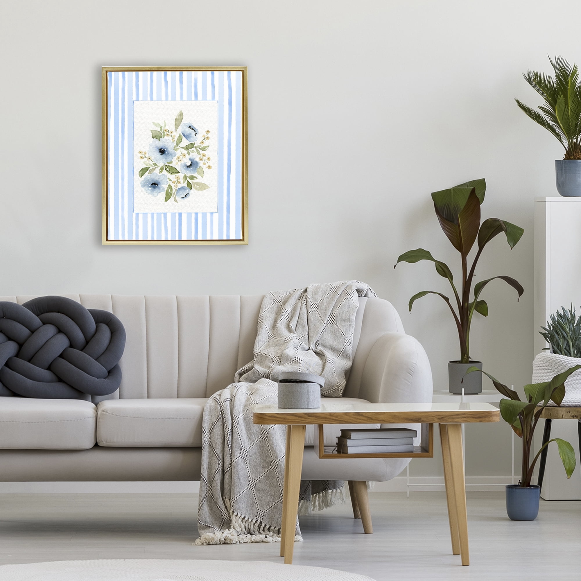 Stupell Industries Flowers with Blue Stripes Gold Framed Floater Canvas Wall Art, design by Leah Noel Art