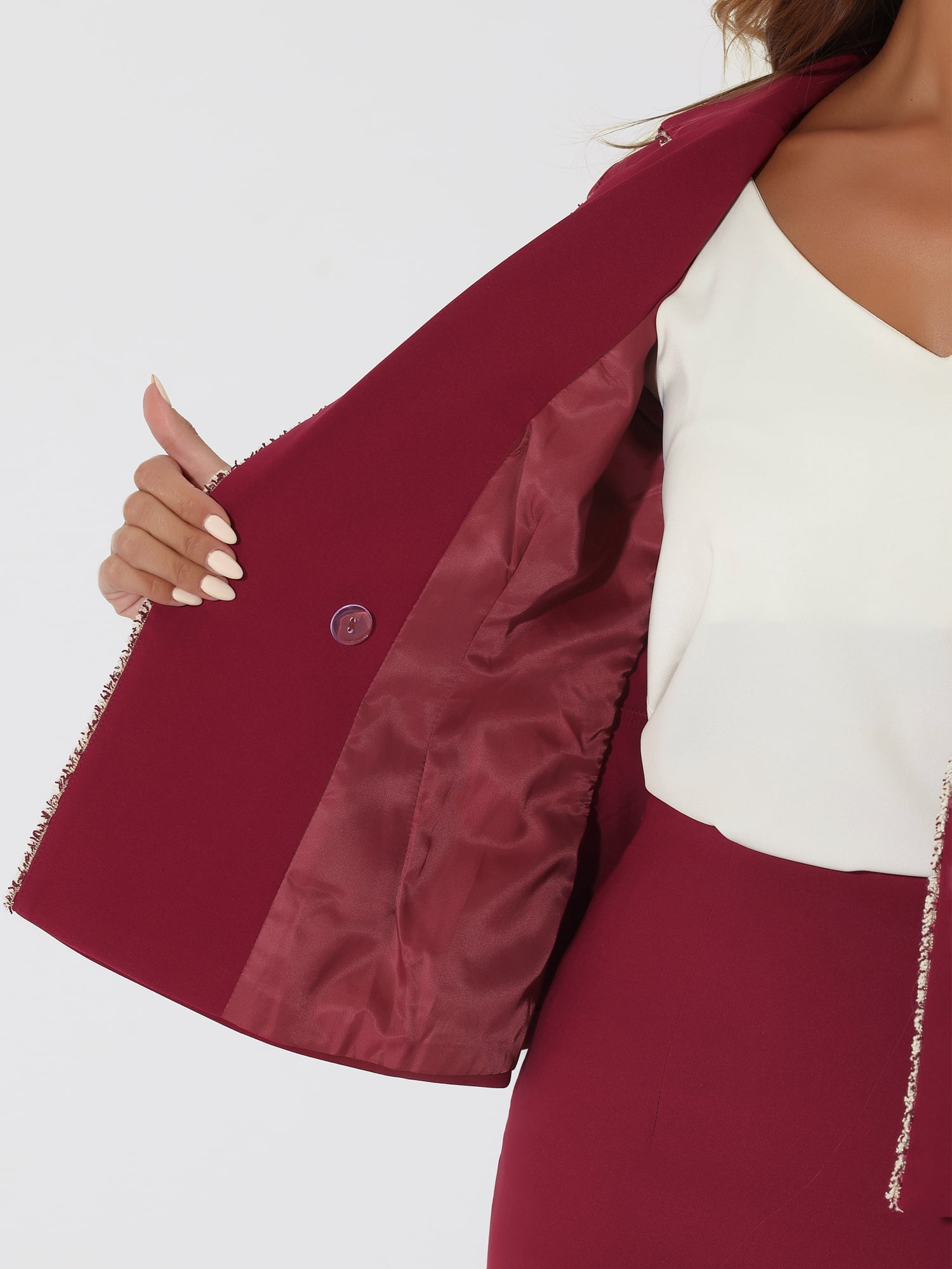 DARING DIVA Women's 2 Pcs Business Tweed Trim Blazer Skirt Outfit Sets XL Wine Red