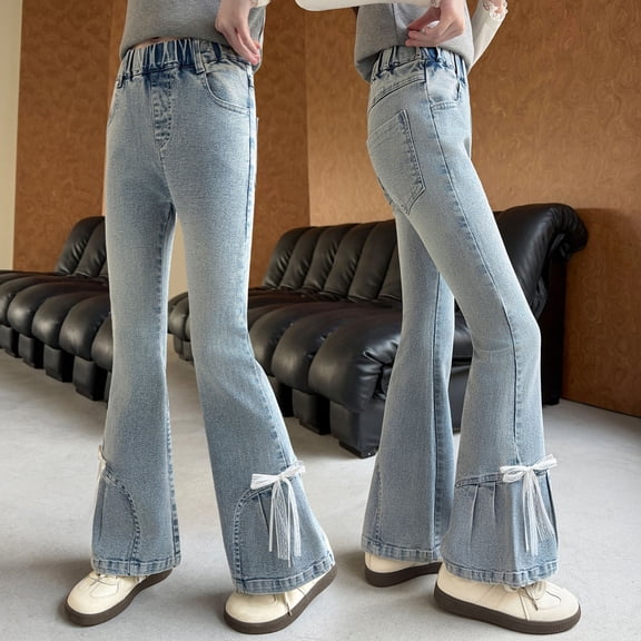 SGFCWSX Girls Jeans Flare Elastic Waist Light Wash Bow Tassel Stretchy Casual Denim Pants for Kids Blue Size 11 Years