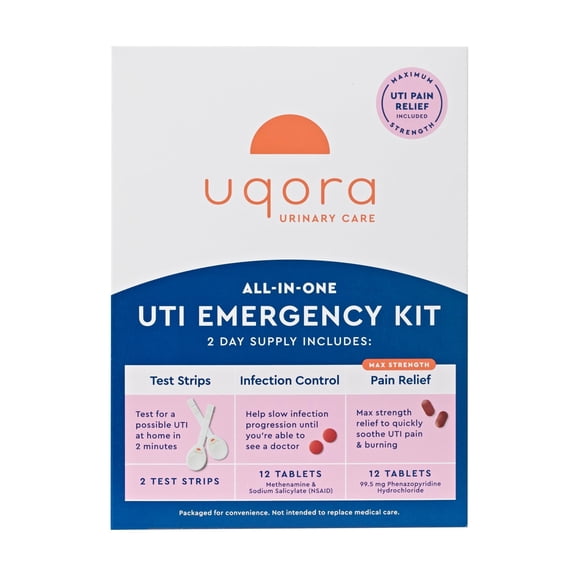 Uqora UTI Emergency Kit - Comes with 2 Urinary Tract Infection Test Strips, 12 UTI Pain Relief Tablets & 12 Infection Control Tablets - Urinary Tract Support - Maximum Strength