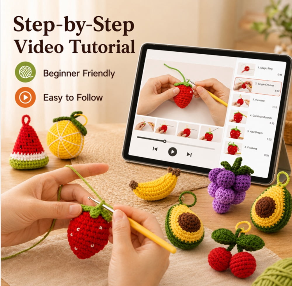 8 Pack Fruit Crochet Kit for Beginners, Fruit Amigurumi Starter Set with Step by Step Video Tutorial, TIKA