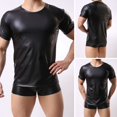 thumbnail image 5 of Men Wet Look Faux Leather Round Neck Short Sleeve Top T-Shirt Tights Shirts Club, 5 of 6